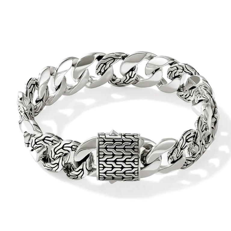 Women’s custom bangle bracelets-John Hardy Carved Chain Silver 14mm Curb Link Bracelet