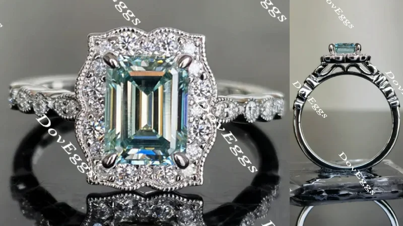 Women’s platinum halo engagement rings-DovEggs Peacock blue art deco halo emerald moissanite engagement ring