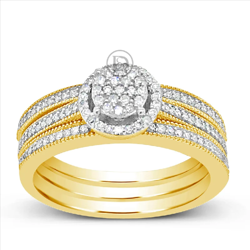 Women’s bezel engagement rings-3 band Diamond Halo Engagement Ring .33 CTW Round Cut 10K Yellow Gold