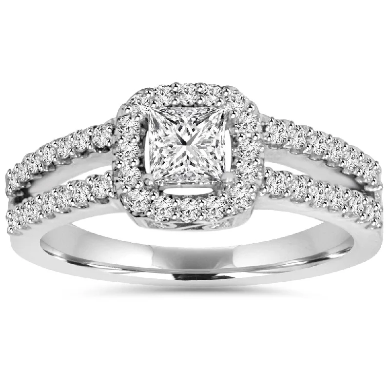 Women’s antique diamond engagement rings-14k White Gold 1 ct TDW Princess-cut Diamond Halo Split Shank Engagement Ring