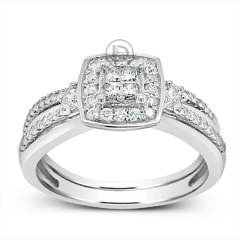 Women’s solitaire diamond engagement rings-Diamond Halo Engagement Ring .47 CTW Princess Cut w/Round Cut 14K White Gold