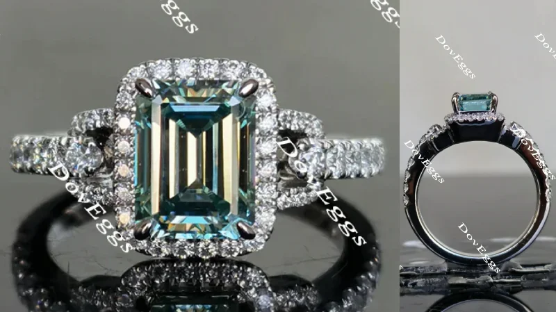 Women’s milgrain engagement rings-Doveggs peacock blue half eternity pave halo emerald colored moissanite engagement ring