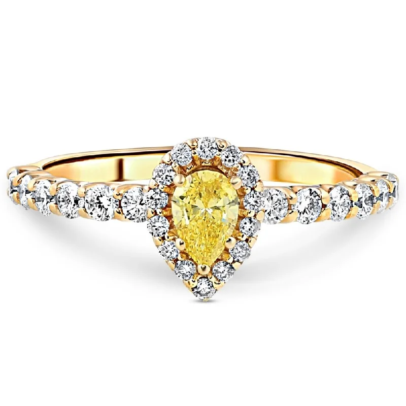 Women’s engraved engagement rings-3/4CT Fancy Yellow Pear Diamond Halo Engagement Ring Yellow Gold