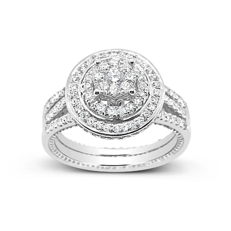 Women’s split-shank engagement rings-Diamond Halo Engagement Ring .78 CTW Round Cut 14K White Gold Bridal Set