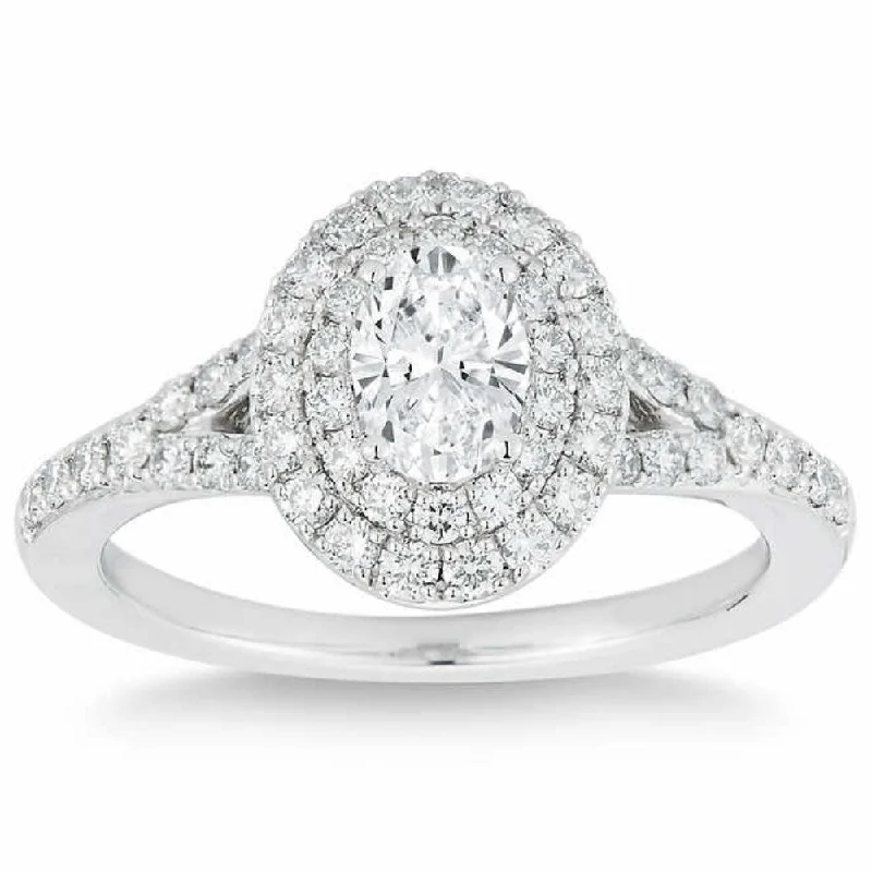 Women’s floral engagement rings-1 Ct Lab Grown Oval Diamond Halo Engagement Ring 14k White Gold