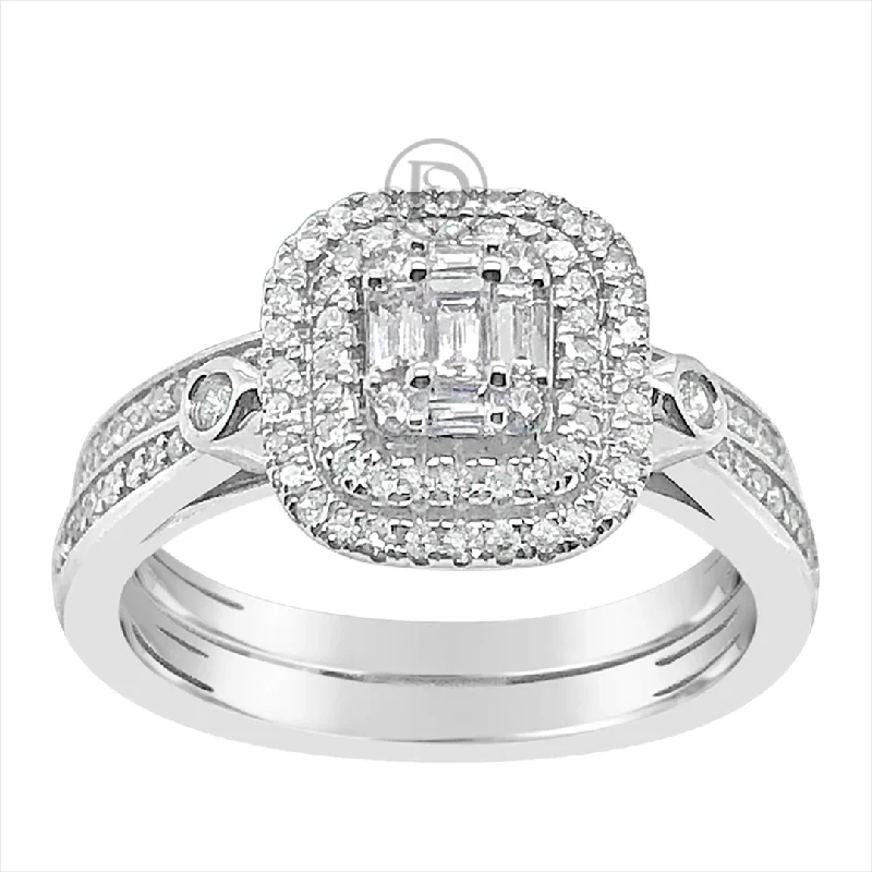 Women’s split-shank engagement rings-Diamond Halo Engagement Ring .50 CTW Baguette w/ Round Cut 14K White Gold