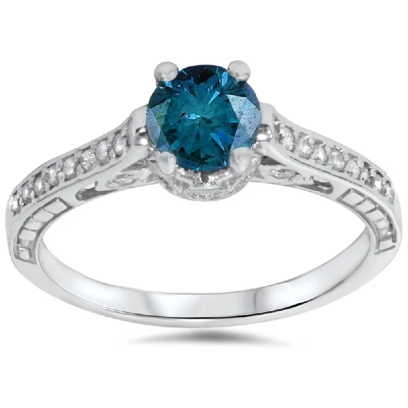 Women’s platinum diamond engagement rings-1 1/4ct Vintage Treatd Blue Diamond Engagement Ring White Gold Round Solitaire