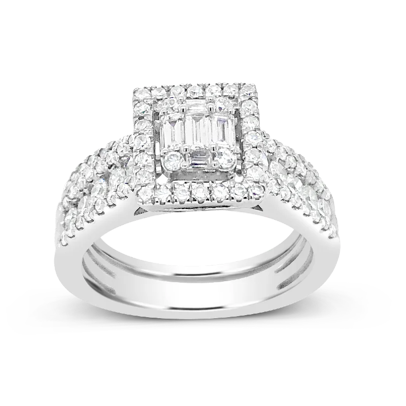 Women’s antique engagement rings-Diamond Halo Engagement Ring 1.15 CTW Bagguettes w/ Round Cut 14K White Gold