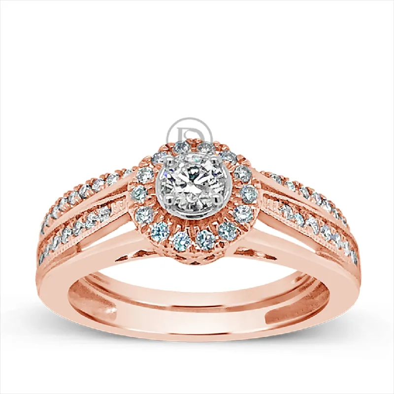 Women’s diamond halo engagement rings-Diamond Halo Engagement Ring .50 CTW Round Cut 14K Rose Gold