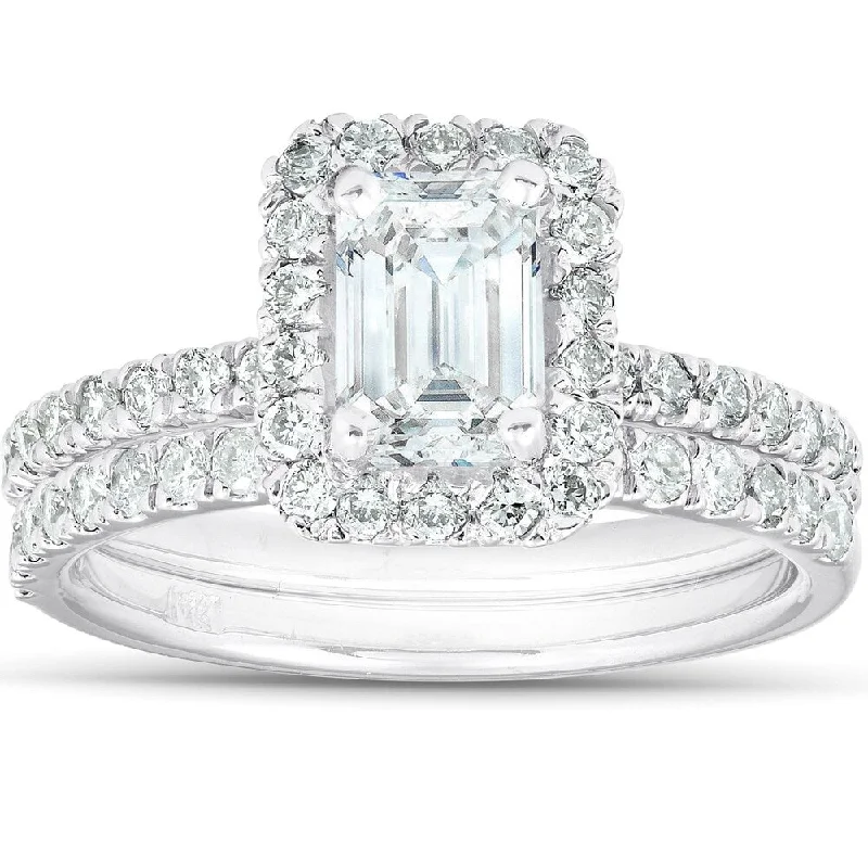 Women’s engagement rings with sapphires-1 3/4 Ct Emerald Cut Diamond Halo Engagement Wedding Ring Set 14k White Gold