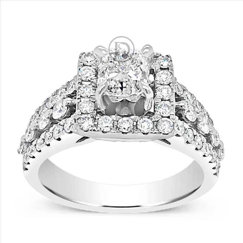 Women’s vintage halo engagement rings-Diamond Halo Engagement Ring 2 CTW Cushion Cut center w/ Round Cut 14K White Gold