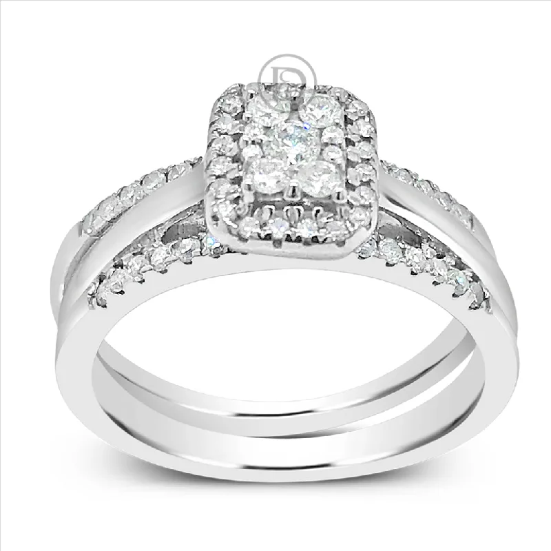 Women’s emerald solitaire engagement rings-3 Band Diamond Halo Engagement Ring .55 CTW Round Cut 14K White Gold