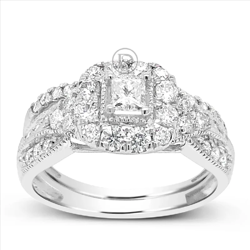 Women’s gemstone accented engagement rings-Diamond Halo Engagement Ring 1 CTW Princess Cut w/ Round Cut 14K White Gold