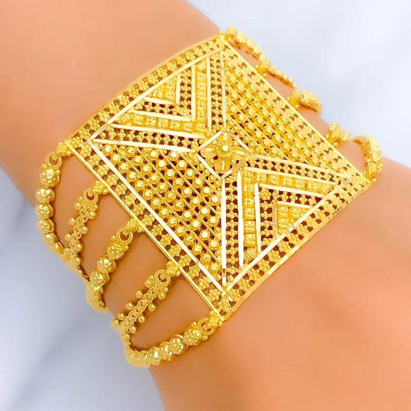 Women’s engraved bangles-Women’s engraved bangles-Bold Striped Square 2K Gold Statement Bracelet