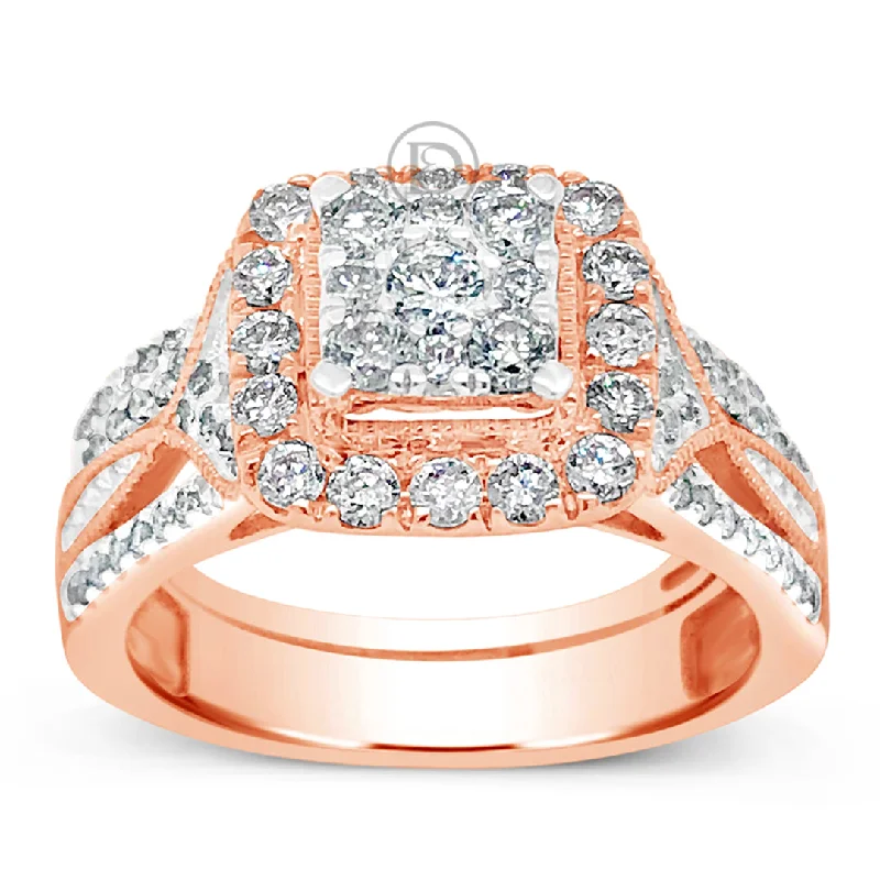 Women’s diamond trio engagement rings-Diamond Halo Engagement Ring 1 CTW Round Cut 14K Rose Gold