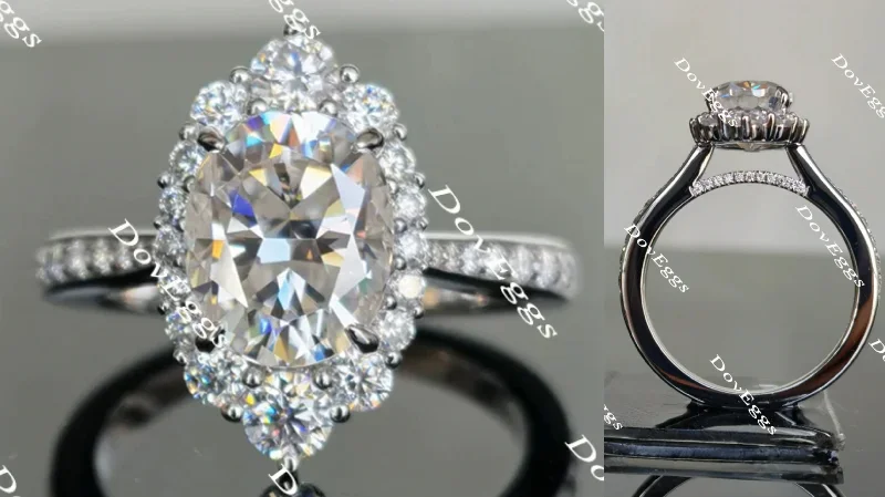 Women’s large diamond engagement rings-Doveggs oval half eternity paved halo moissanite engagement ring