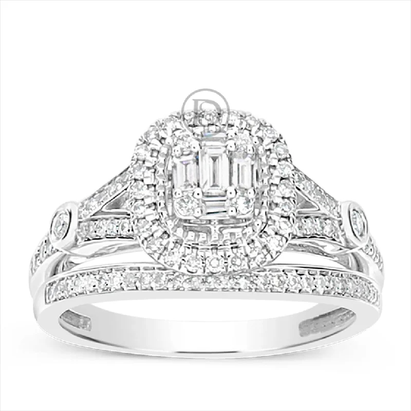 Women’s halo engagement rings-Diamond Halo Engagement Ring .50 CTW Baguette w/ Round Cut 14K White Gold