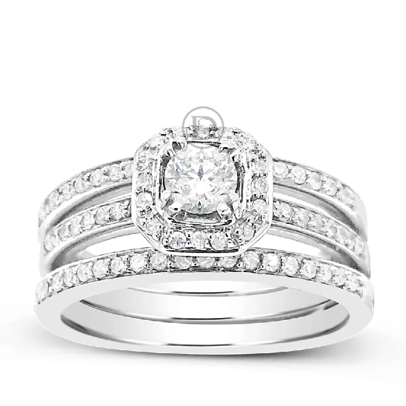 Women’s stacked engagement rings-3 Band Diamond Halo Engagement Ring .62 CTW Round Cut 14K White Gold