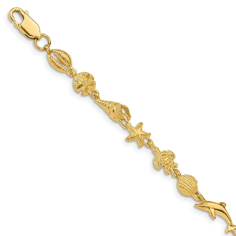 Women’s stylish bangles-14k Yellow Gold 7mm Gold Polished and Textured Sea Life Bracelet, 7.25"