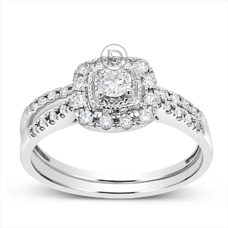 Women’s wedding and engagement ring sets-Diamond Halo Engagement Ring .44 CTW Round Cut 14K White Gold