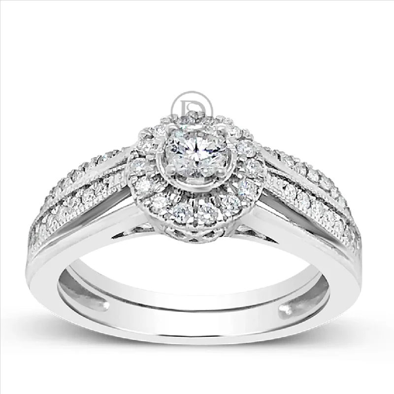 Women’s custom gemstone engagement rings-Diamond Halo Engagement Ring .50 CTW Round Cut 14K White Gold