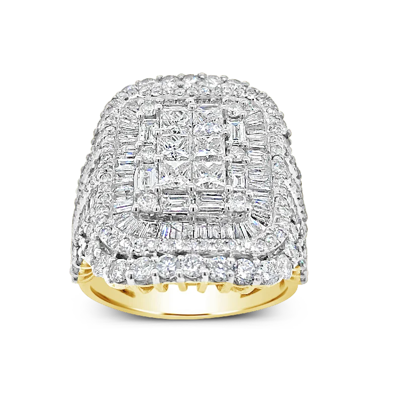 Women’s white gold engagement rings-Diamond Halo Engagement Ring 5 CTW Princess w/ Baguette & Round Cut 10K Yellow Gold