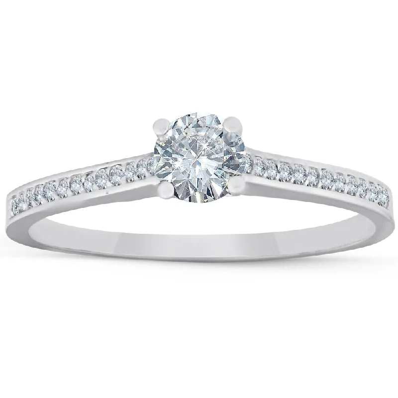 Women’s stacked engagement rings-1/2 Ct Diamond Engagement Ring with Side Stones 14k White Gold