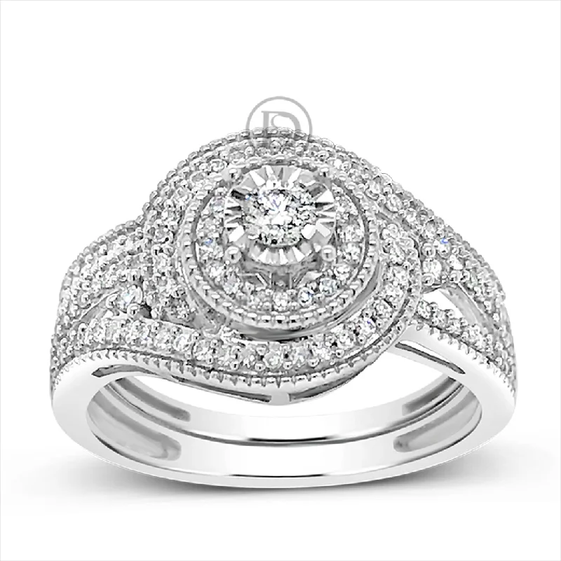 Women’s diamond accent engagement rings-Diamond Halo Engagement Ring .50 CTW Round Cut 14K White Gold