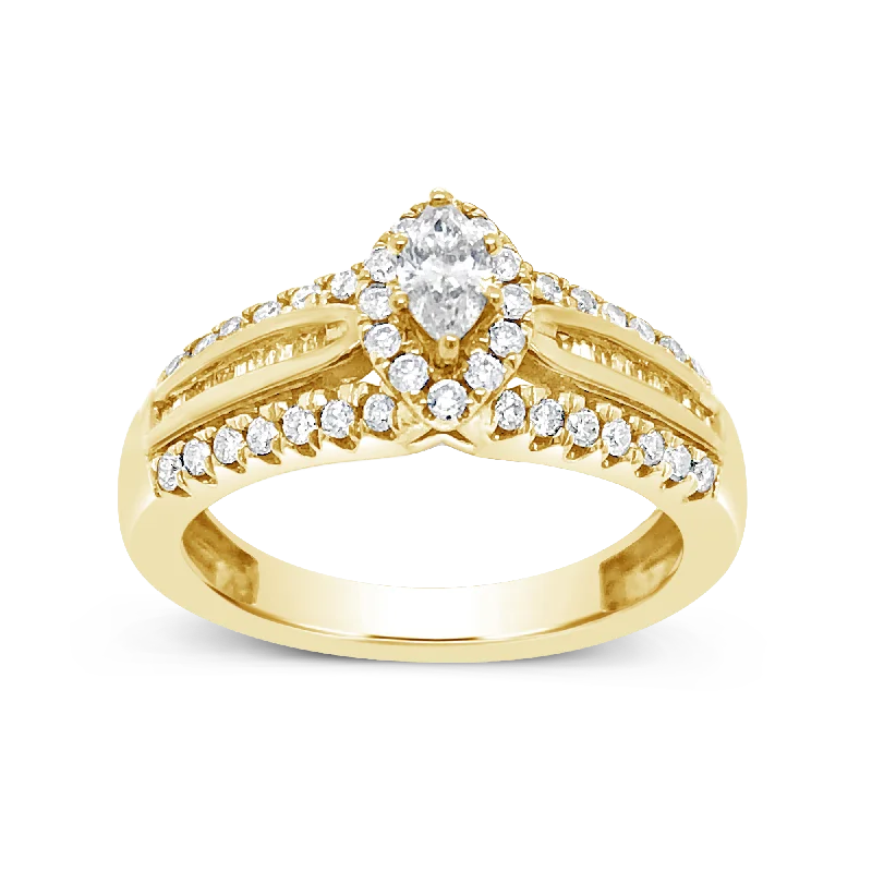 Women’s engraved engagement rings-Diamond Halo Engagement Ring .75 CTW Marquise w/ Round and Baguette Cut 14K Yellow Gold