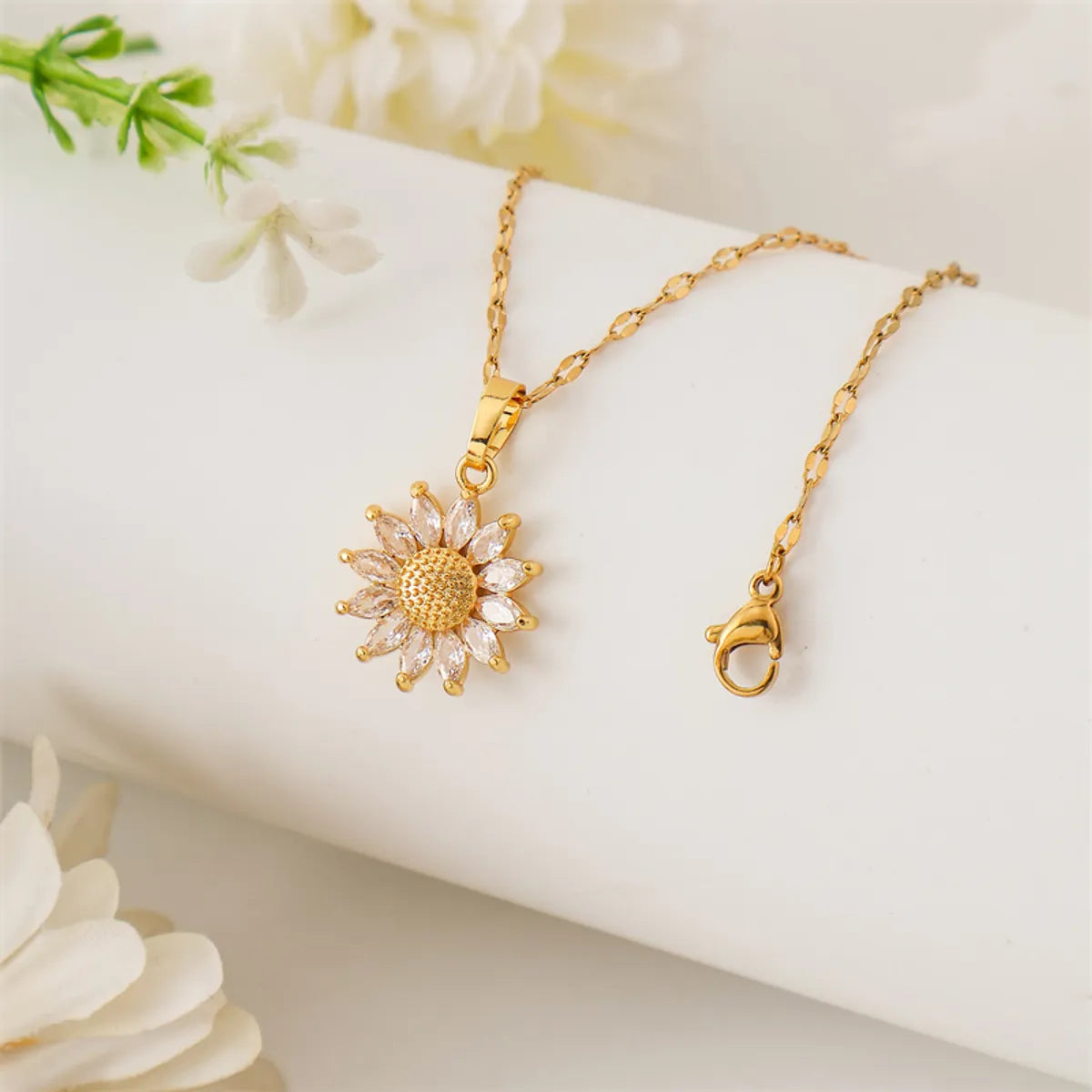 Women’s diamond necklaces-Simple Style Flower Stainless Steel Titanium Steel Plating Inlay Zircon 18k Gold Plated Pendant Necklace