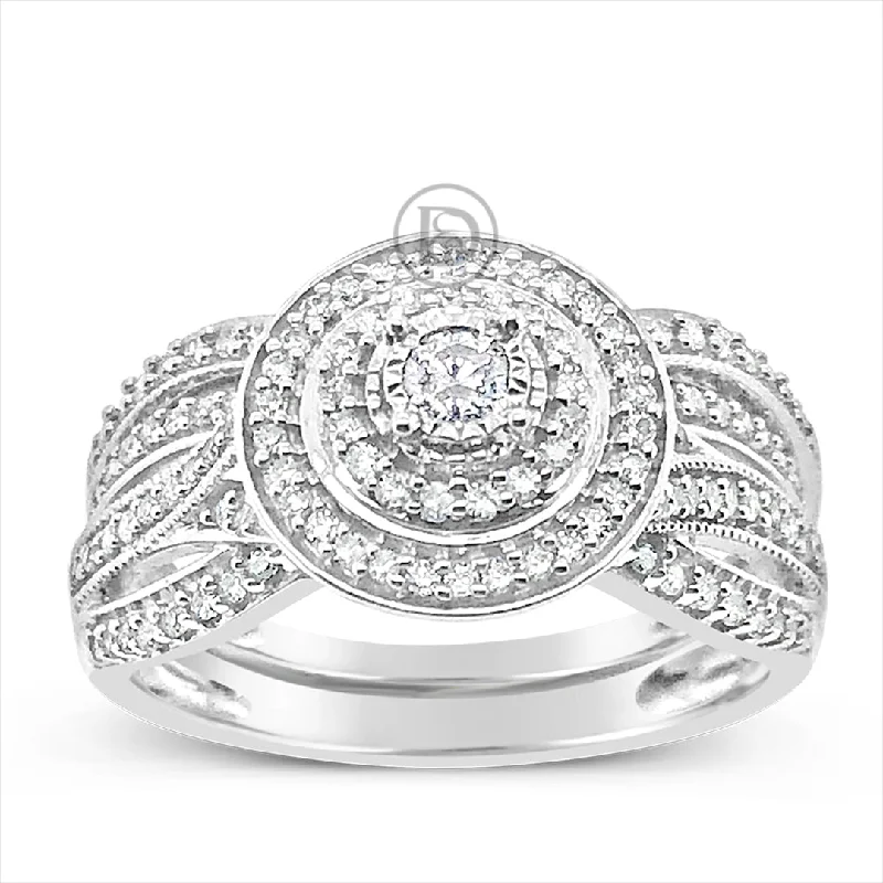 Women’s vintage diamond engagement rings-Diamond Halo Engagement Ring .50 CTW Round Cut 10K White Gold