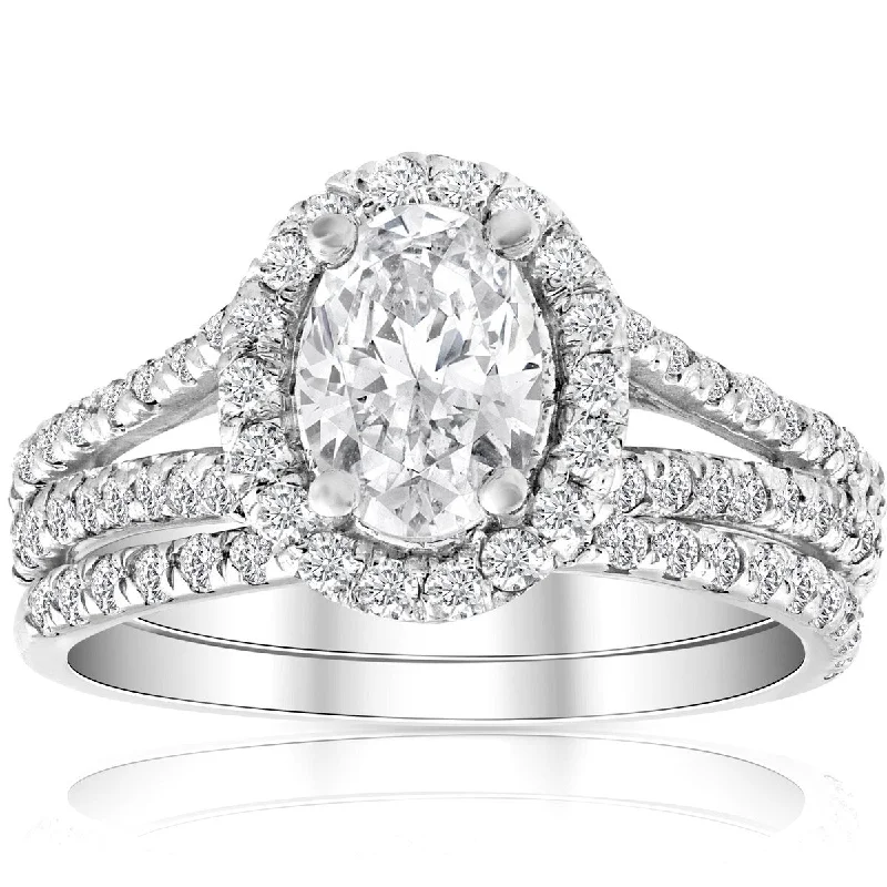 Women’s multi-diamond engagement rings-1.75Ct Oval Diamond Halo Engagement Wedding Ring Set White Gold Enhanced