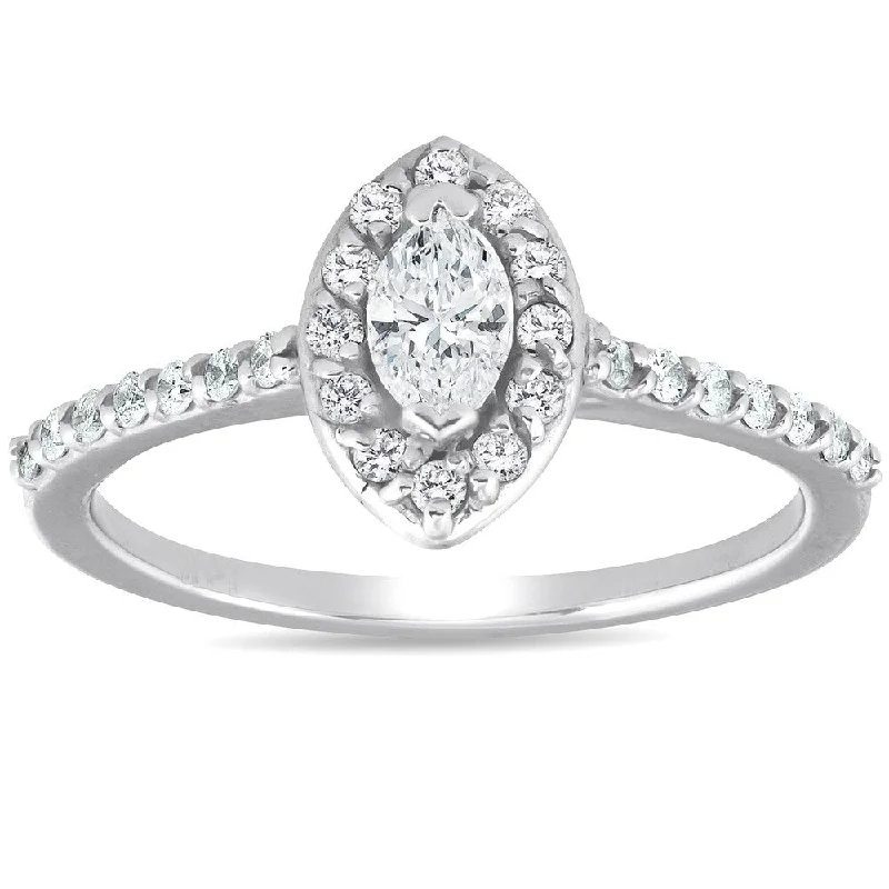 Women’s milgrain engagement rings-Pompeii3 14k White Gold 1/2 Ct TDW Marquise Halo Diamond Engagement Ring