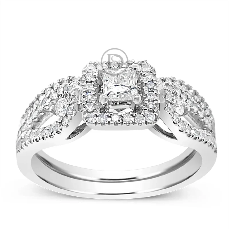 Women’s engraved engagement rings-Diamond Halo Engagement Ring .50 CTW Princess Cut center w/Round Cut 14K White Gold