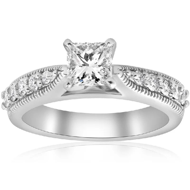 Women’s custom-designed engagement rings-14K White Gold 1 3/8ct Vintage Princess Cut Diamond Clarity Enhanced Engagement Ring Art Deco (H-I, I1-I2)