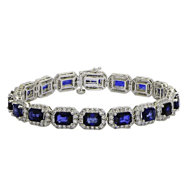 Women’s birthstone bracelets-"BRAC01324" Emerald Shape Blue Sapphire Diamond Bracelet