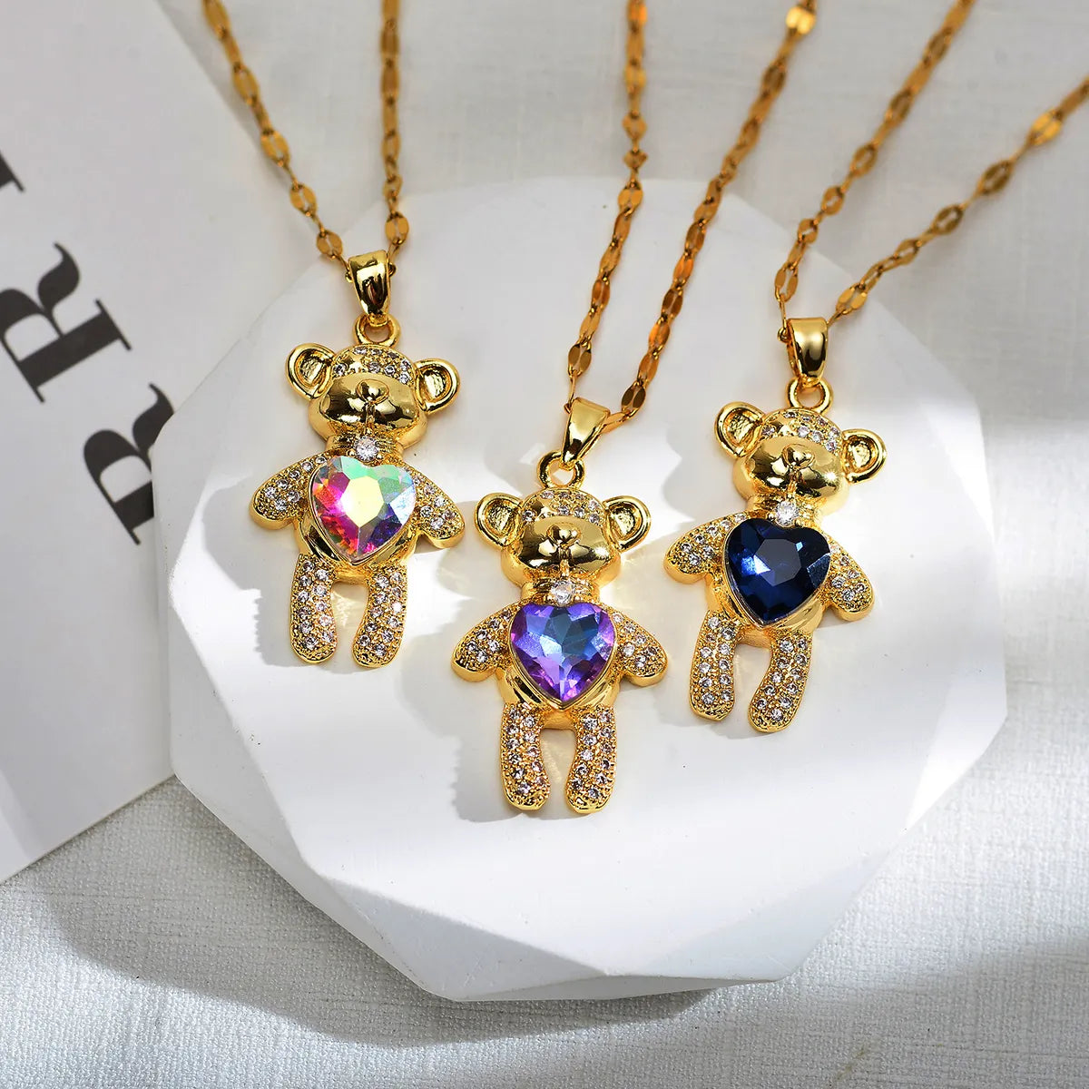 Women’s heart-shaped pendant necklaces-Cute Animal Bear Heart Shape Titanium Steel Copper Inlay Zircon Pendant Necklace