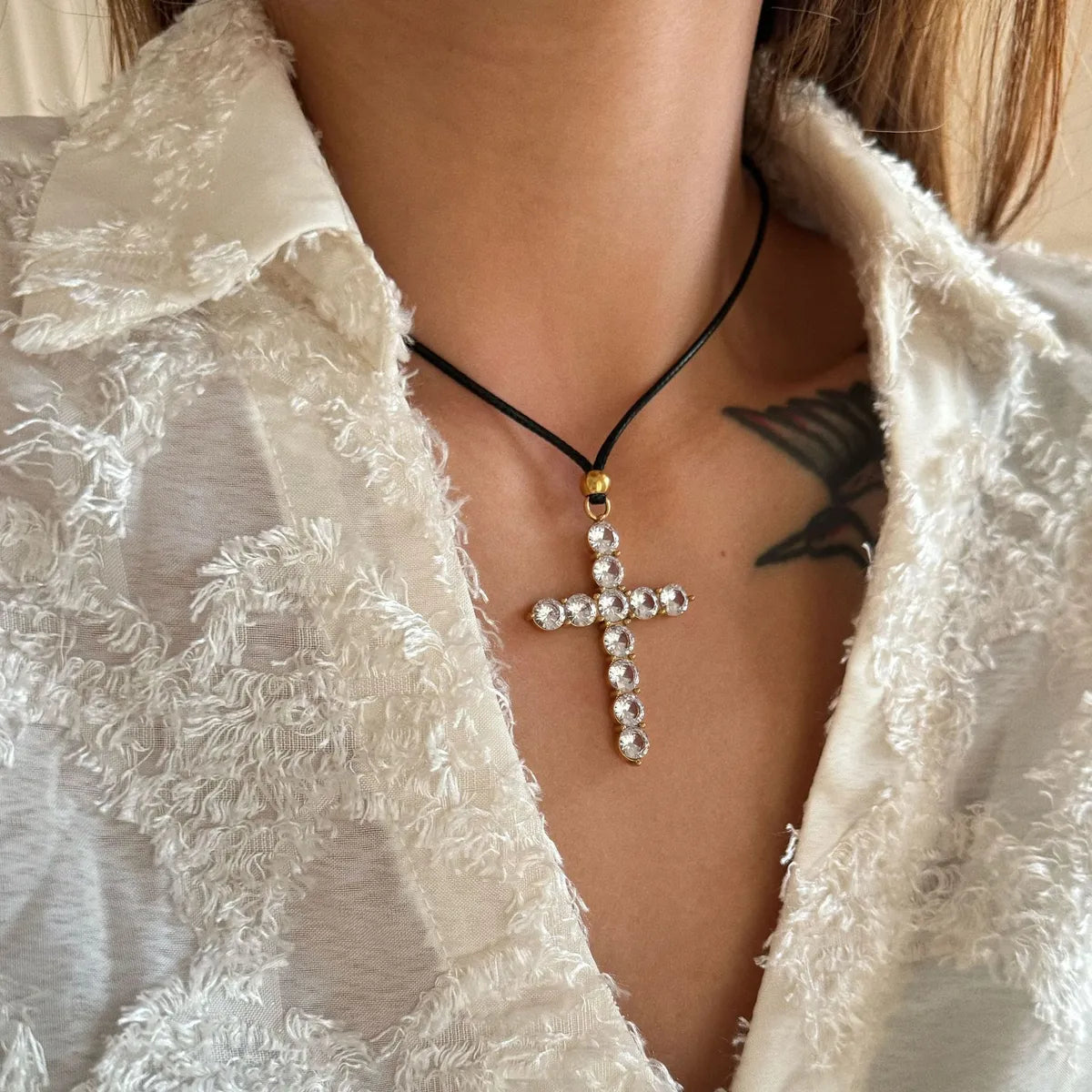 Women’s wedding necklaces-Leather Rope Titanium Steel Retro Cross Plating Inlay Zircon Pendant Necklace