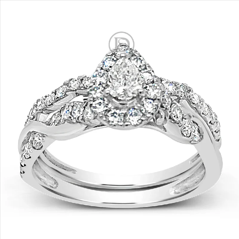 Women’s cushion cut engagement rings-Pear Shaped Diamond Halo Engagement Ring .98 CTW Round Cut 14K White Gold