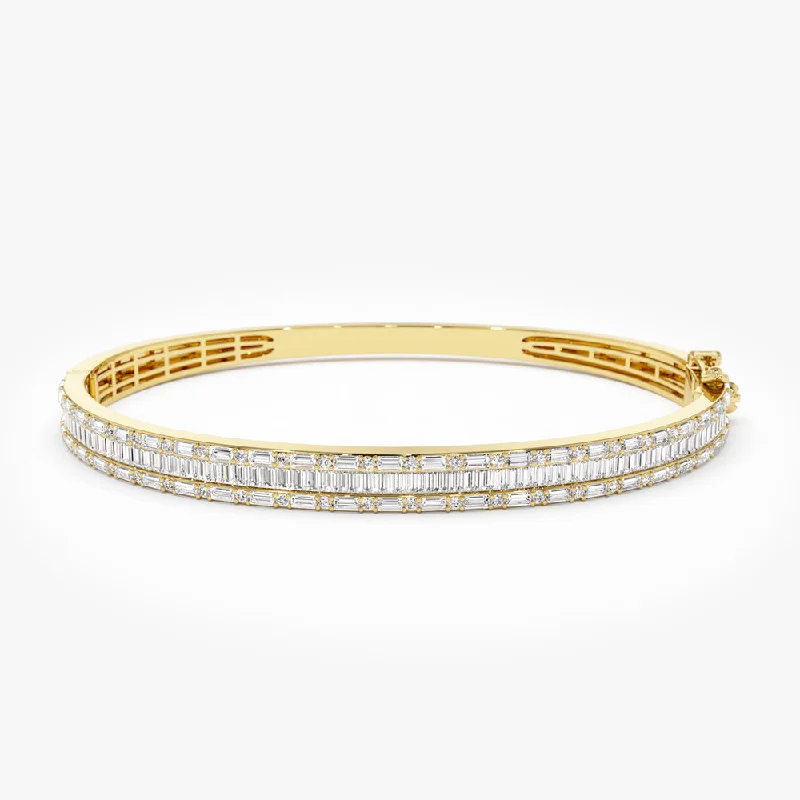 Women’s double-band bracelets-Women’s double-band bracelets-14k Baguette and Round Brilliant Micro Pave Statement Bangle Bracelet