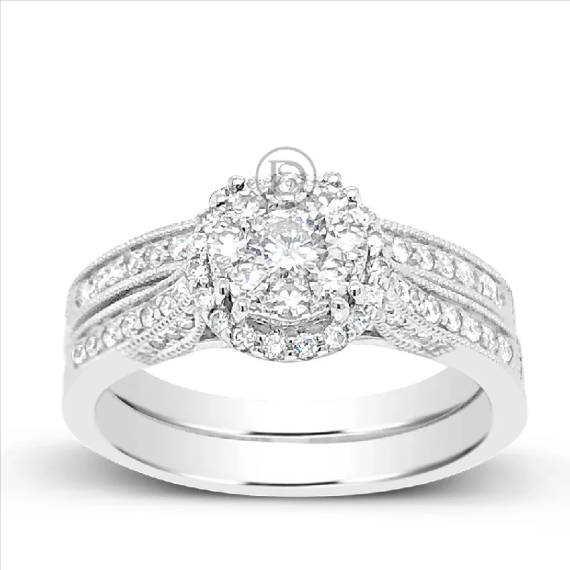 Women’s stacked engagement rings-Diamond Halo Engagement Ring .62 CTW Round Cut 14K White Gold