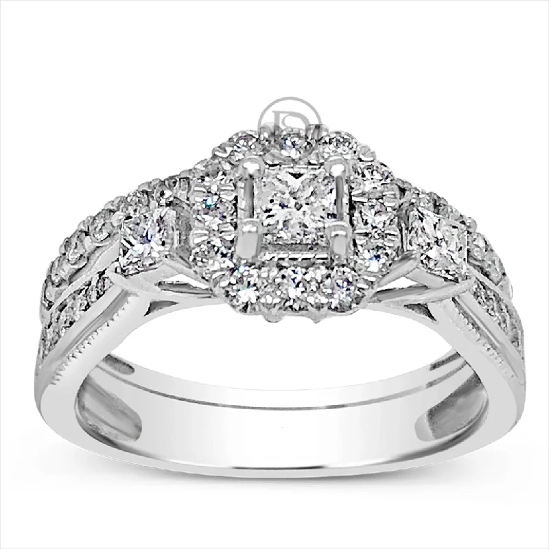 Women’s engagement rings with side stones-Diamond Halo Engagement Ring 1 CTW Princess Cut w/ Round Cut 14K White Gold