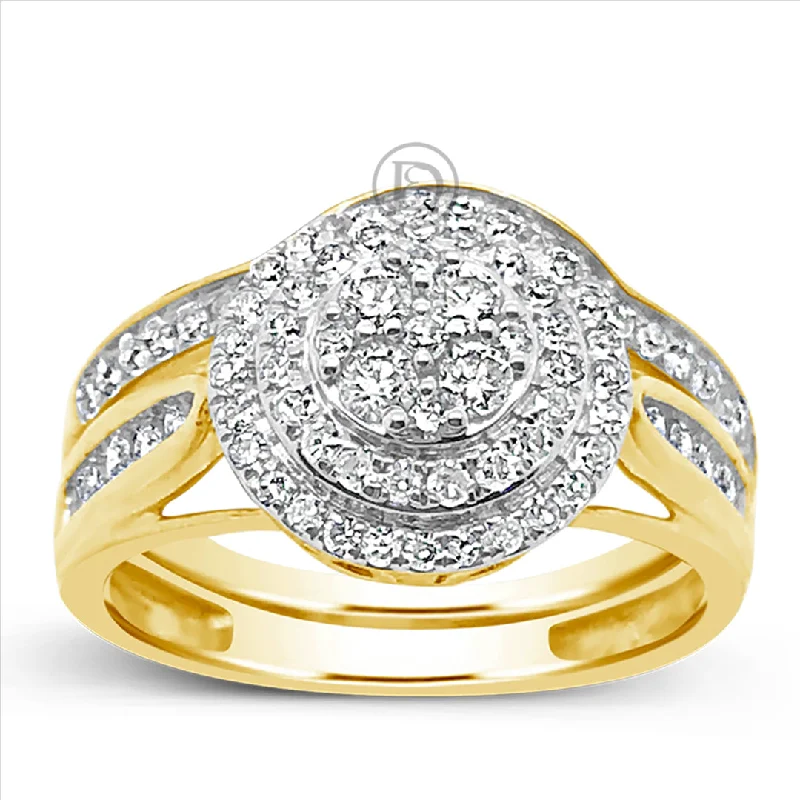 Women’s princess and halo engagement rings-Diamond Halo Engagement Ring .75 CTW Round Cut 14K Yellow Gold