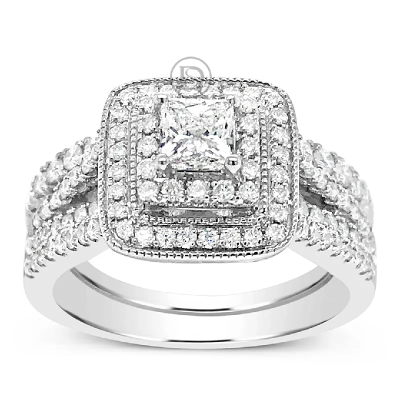 Women’s engagement rings with diamonds-Diamond Halo Engagement Ring 1.24 CTW Princess Center w/ Round Cut 14K White Gold