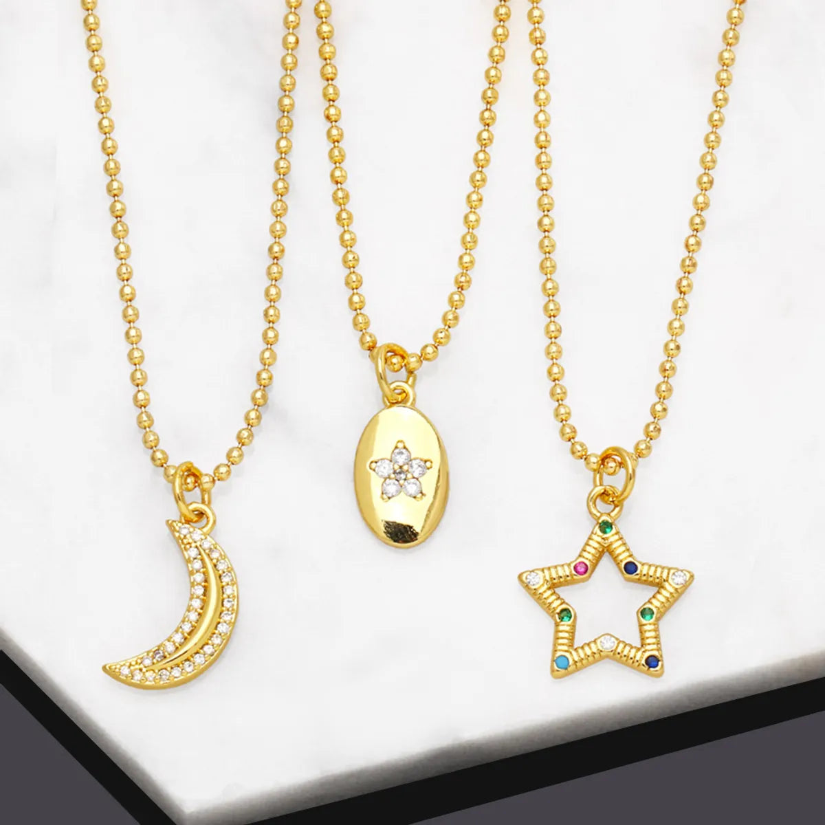 Women’s layered gold necklaces-Fashion Pentagram Moon Copper Gold Plated Zircon Pendant Necklace 1 Piece