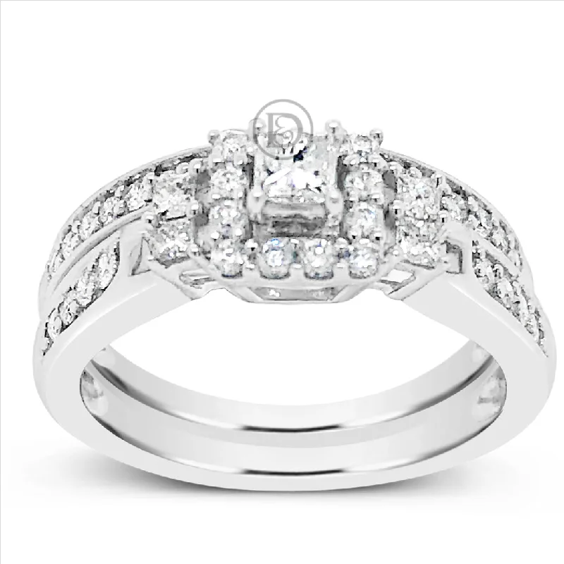 Women’s princess cut engagement rings-Diamond Halo Engagement Ring .70 CTW Princess cut w/ Round Cut 14K White Gold