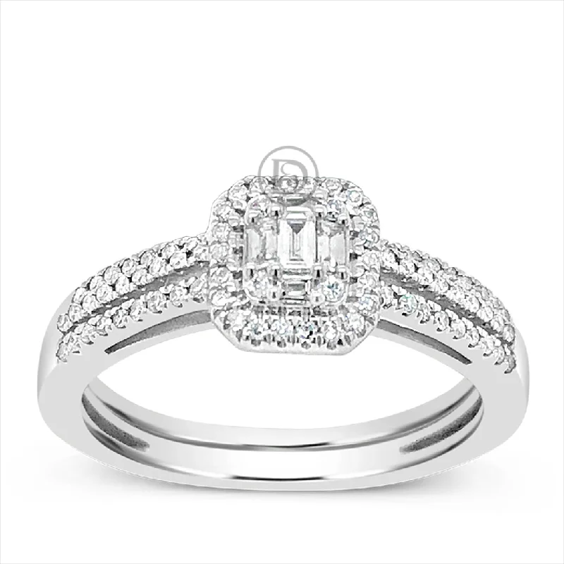 Women’s vintage engagement rings-Diamond Halo Engagement Ring .33 CTW Baugette W/ Round Cut 14K White Gold