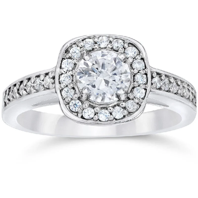 Women’s simple engagement rings-14k White Gold 1ct TDW Cushion Halo Diamond Engagement Ring