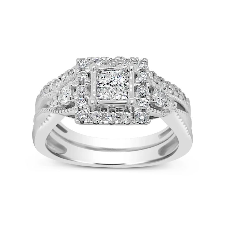 Women’s gemstone engagement rings-Diamond Halo Engagement Ring .75 CTW Princess Cut w/ Round Cut 14K White Gold