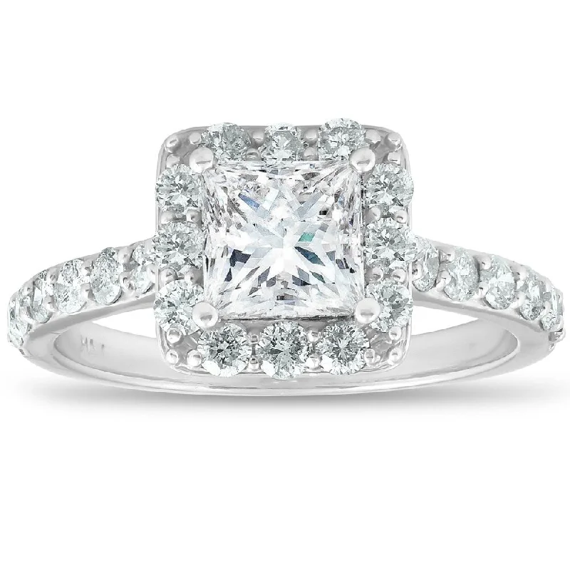 Women’s gemstone accented engagement rings-14k White Gold 2 Ct TDW Princess Cut Diamond Halo Engagement Ring Clarity Enhanced